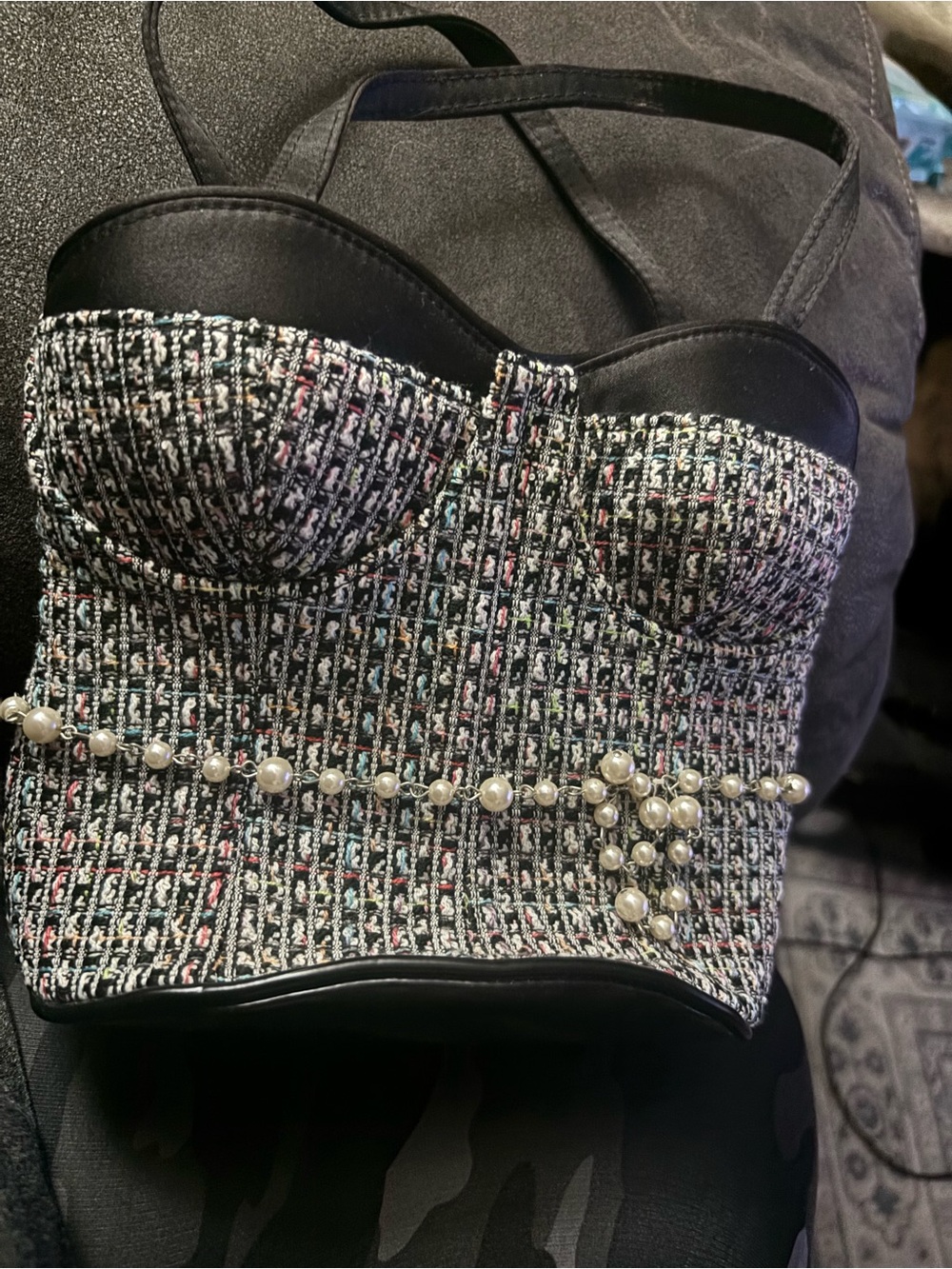 Women's Tweed Pearl-Embellished Bustier Dress - Black Multi